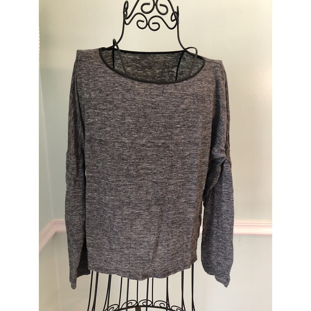 VINCE Women's Gray Leather-trim Slub Linen Shirt Long Sleeve L Large